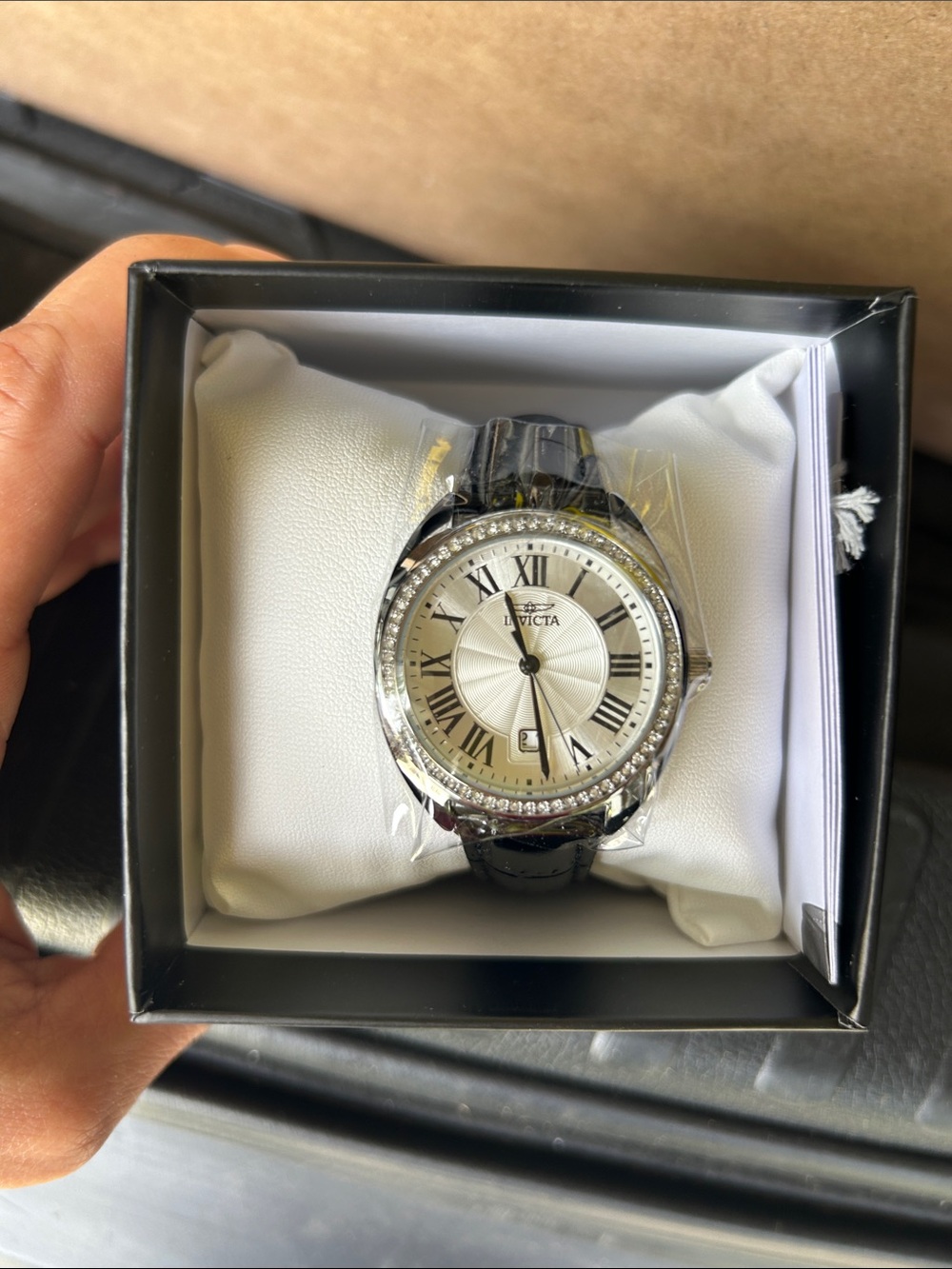 Invicta Silver Dial Watch with Black Leather Strap